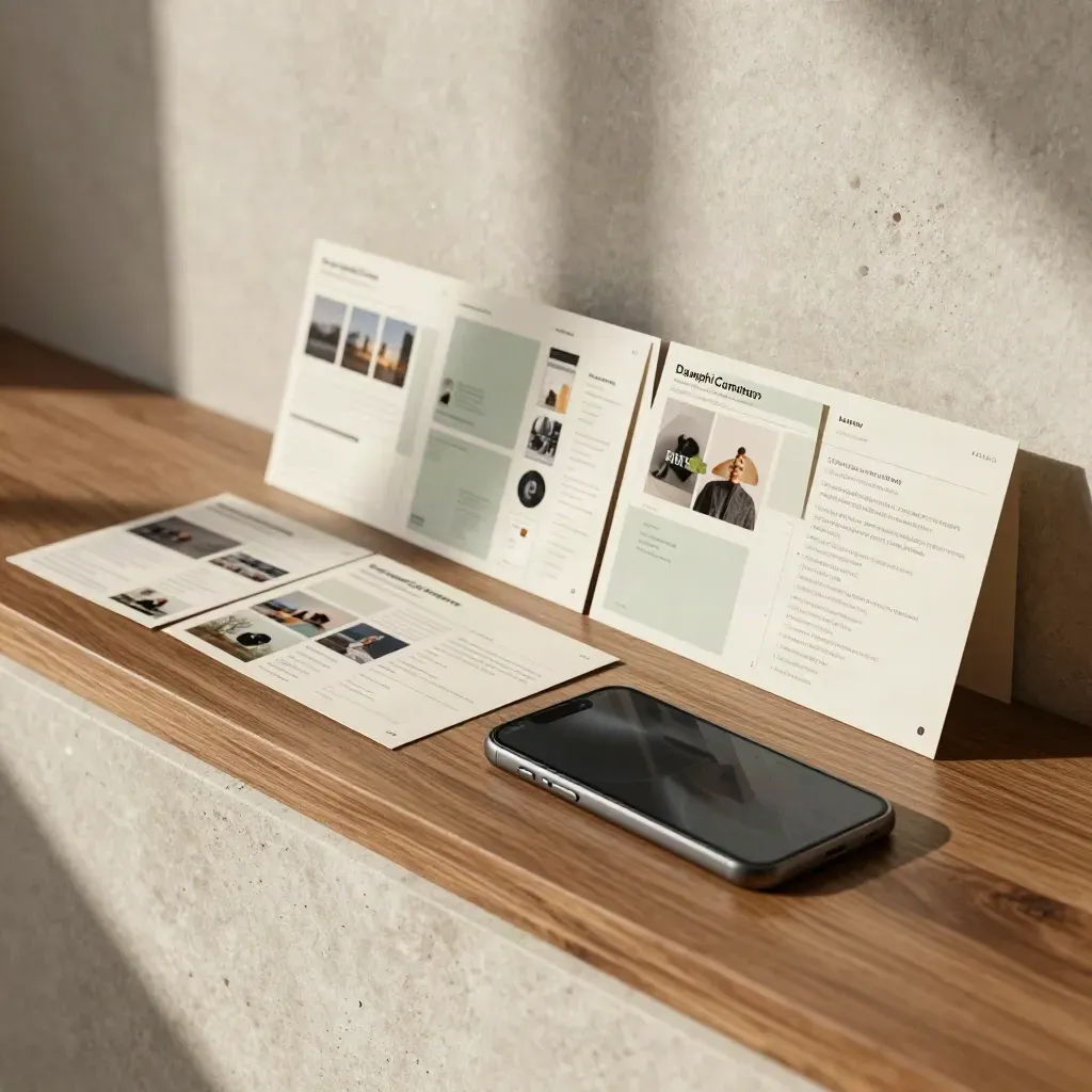 Cartes de planning social, smartphone face cachée et accessoires de campagne sur une ledge en pierre.