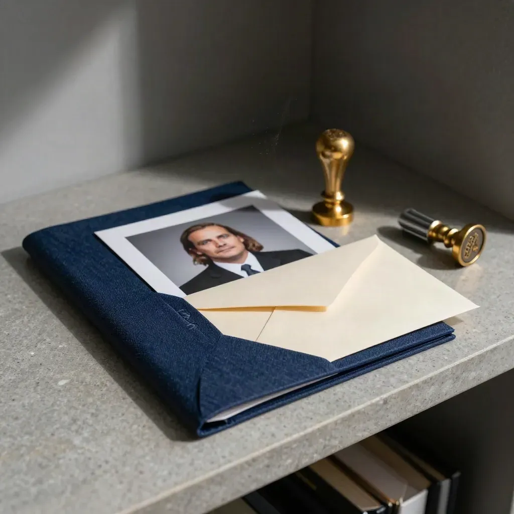 Enveloppe de presse scellée, preuve photo et outils de cire sur une tablette de pierre.