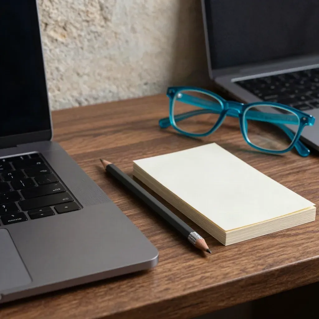 Gros plan d’un bureau de rédacteur avec crayon, ordinateur fermé, cartes et lunettes turquoise