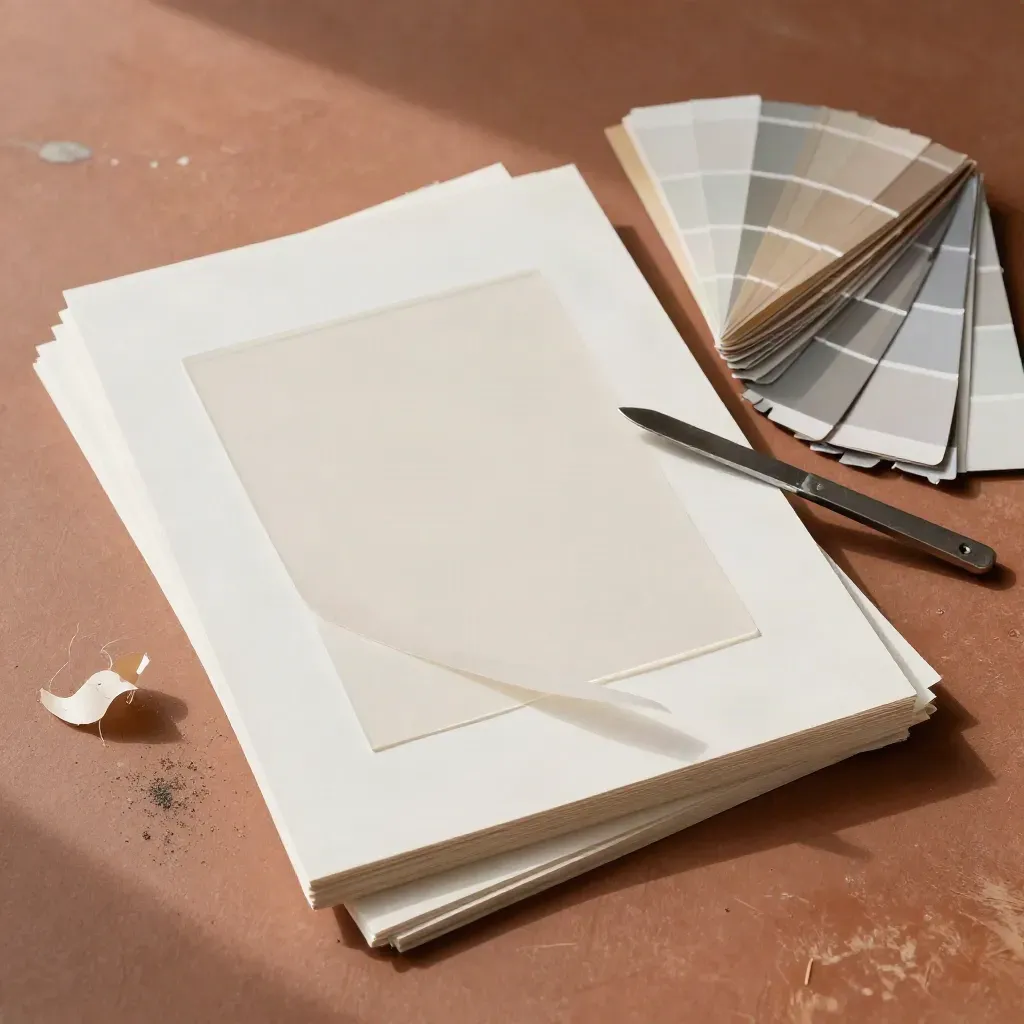 Étal de design graphique avec nuancier, calques acetate, lame et échantillons de papier sur terre cuite.
