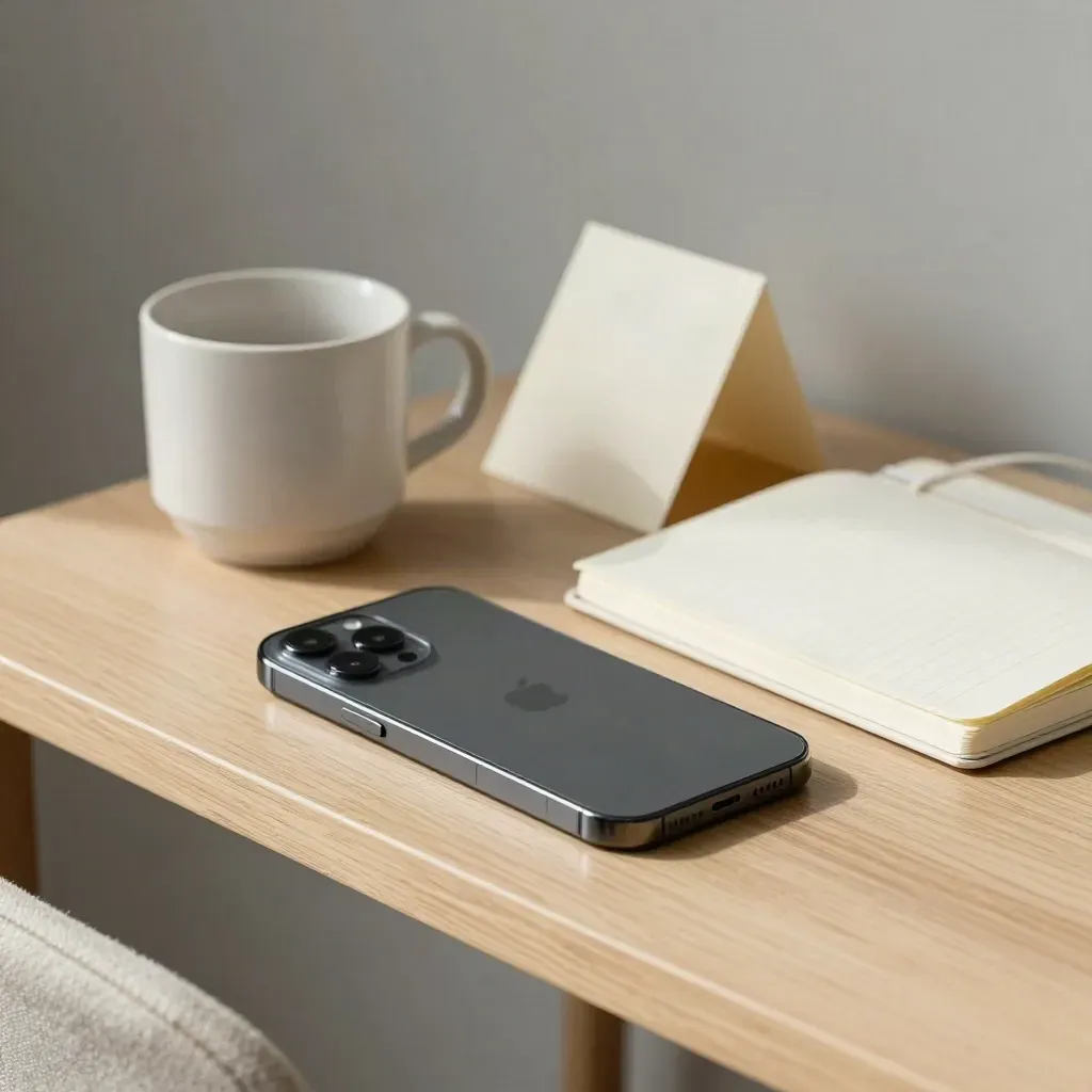 Smartphone, tasse et carnet sur console en bois clair, lumière douce.