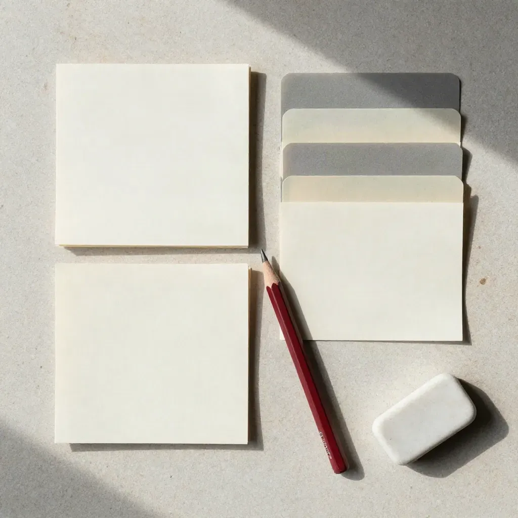 Flatlay vu du dessus avec crayon rouge, gomme et feuilles retournées sur pierre claire.