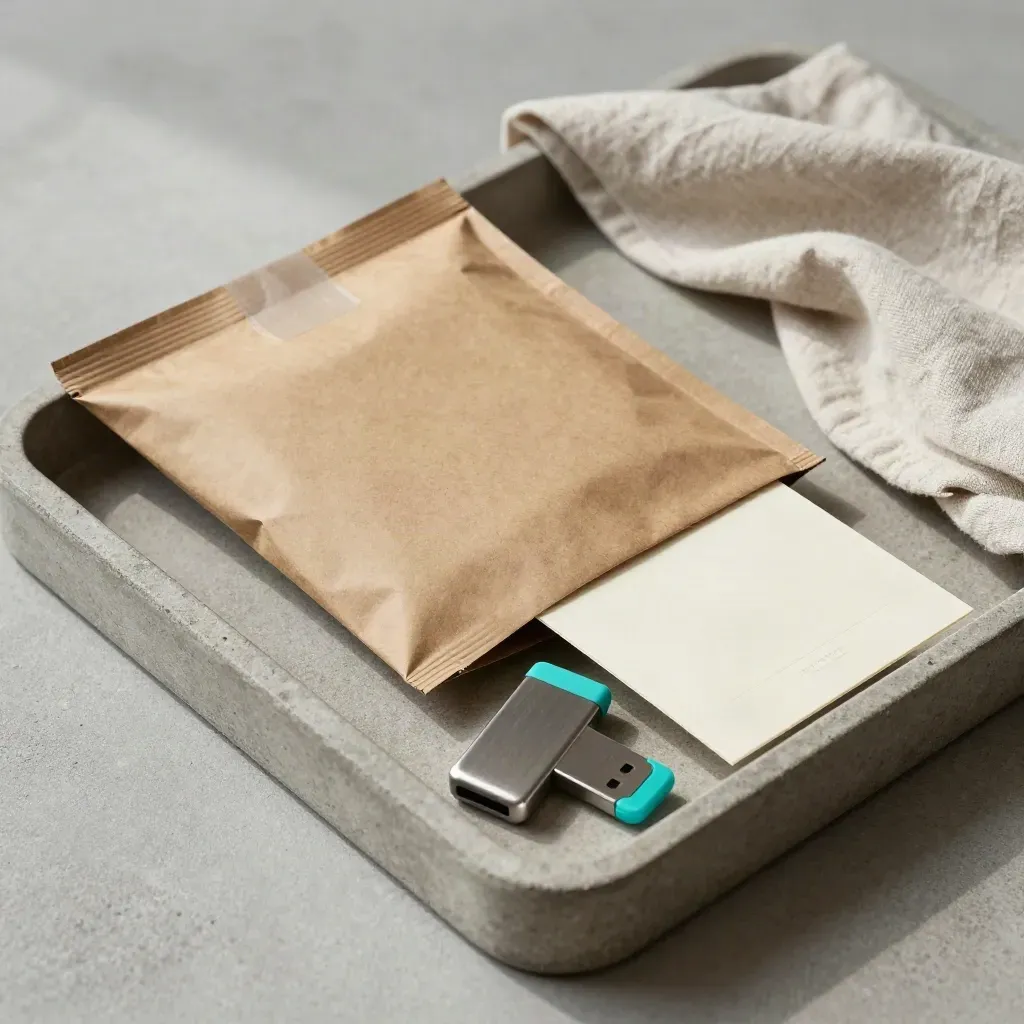 Mailer kraft, clé USB et carte de suivi dans un plateau de pierre, lumière douce