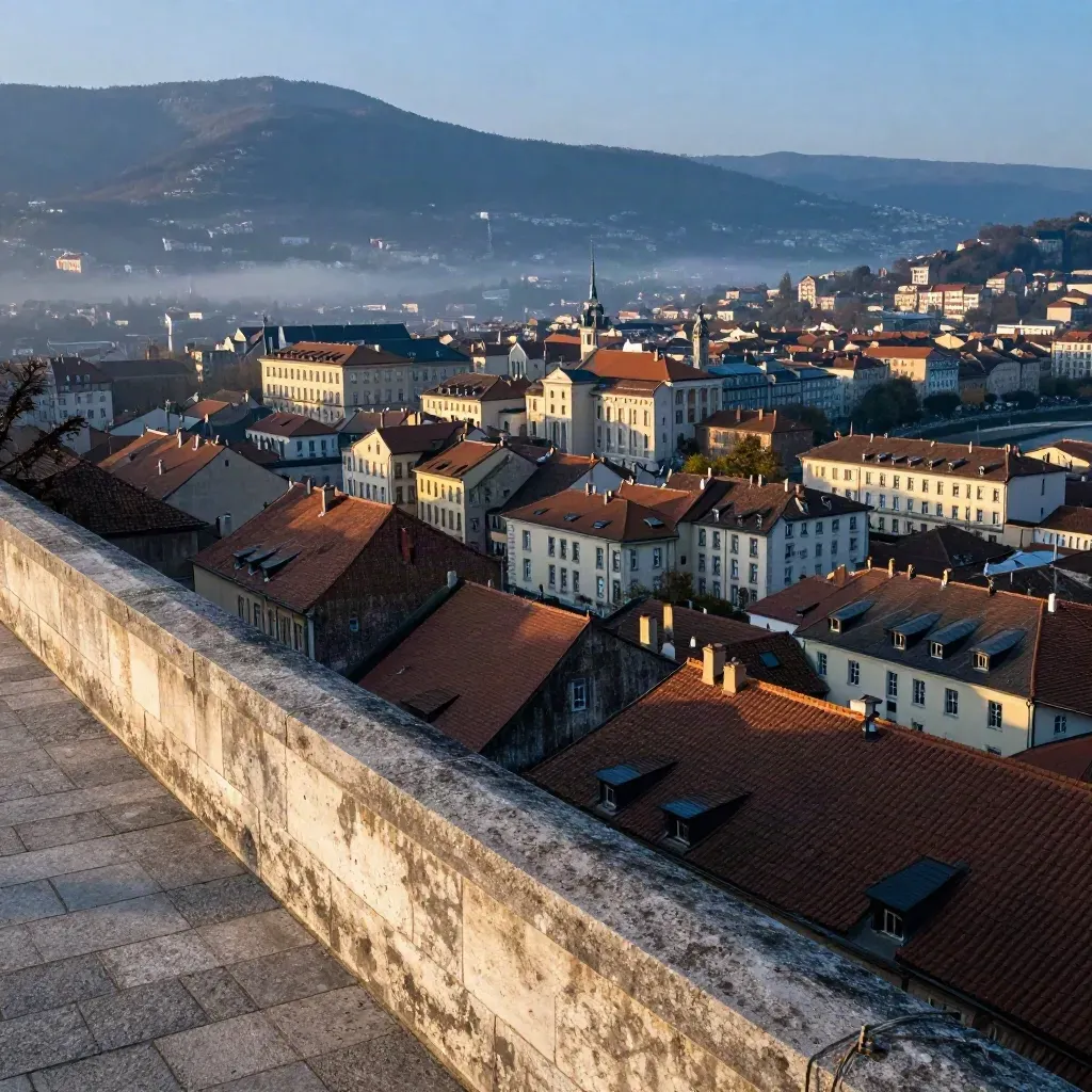 Grenoble vue de la Bastille, toits terracotta et vallée de l’Isère dans la brume bleue.