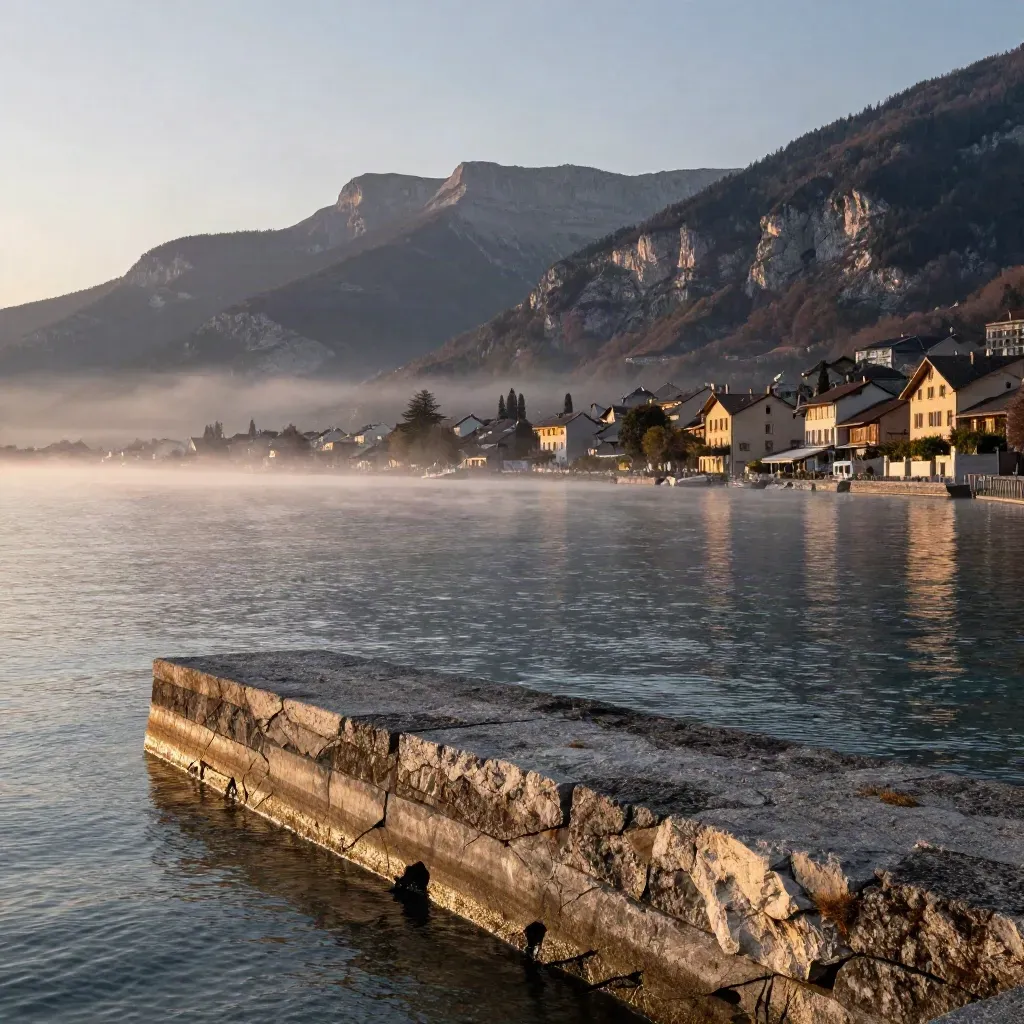 Bassin de Chambéry au crépuscule, lac brumeux et montagnes savoyardes en arrière-plan
