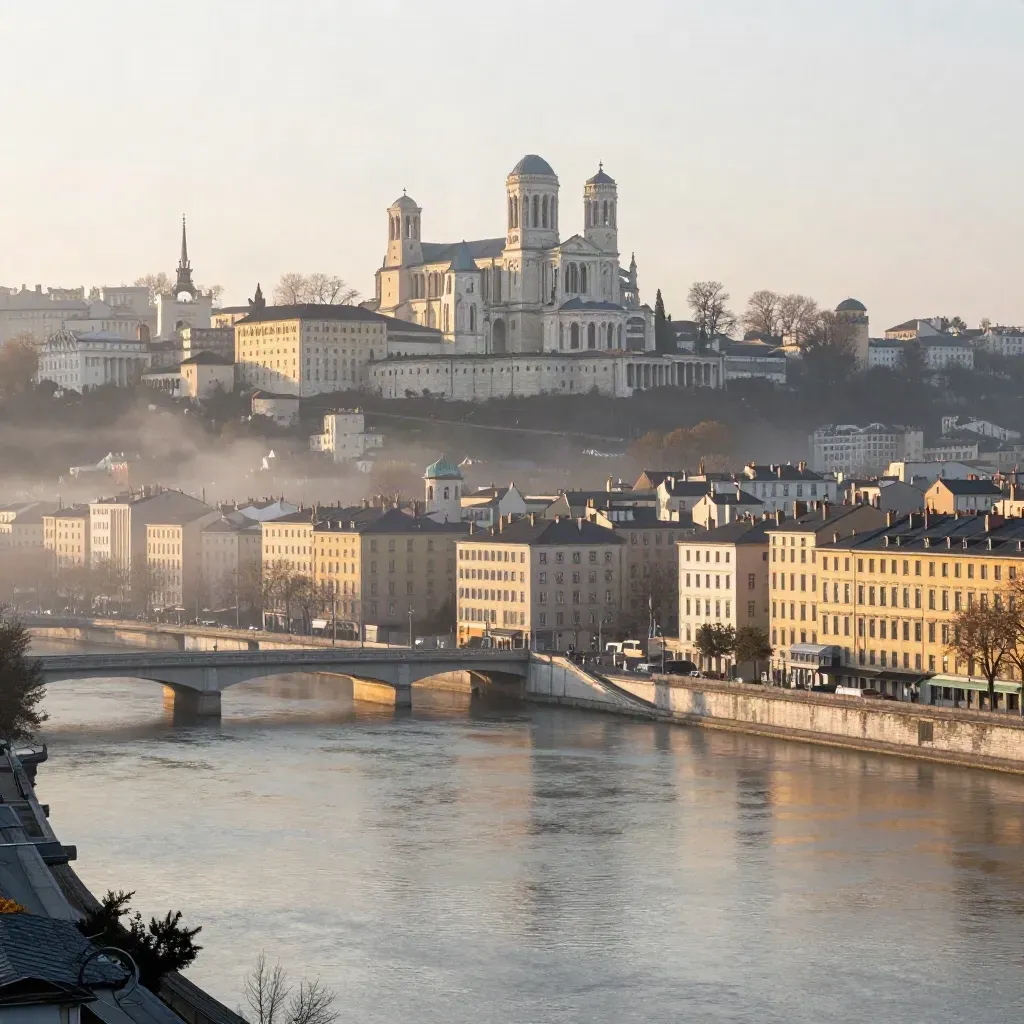 Panorama de Lyon au lever du soleil, Fourvière au-dessus de la Saône dans la brume.