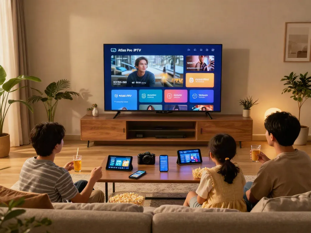 Profitez des films en famille avec Atlas Pro IPTV sur votre Smart TV, ambiance chaleureuse.
